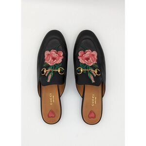 Gucci Princetown Rose Embroidered Black Leather Mules EU 38.5